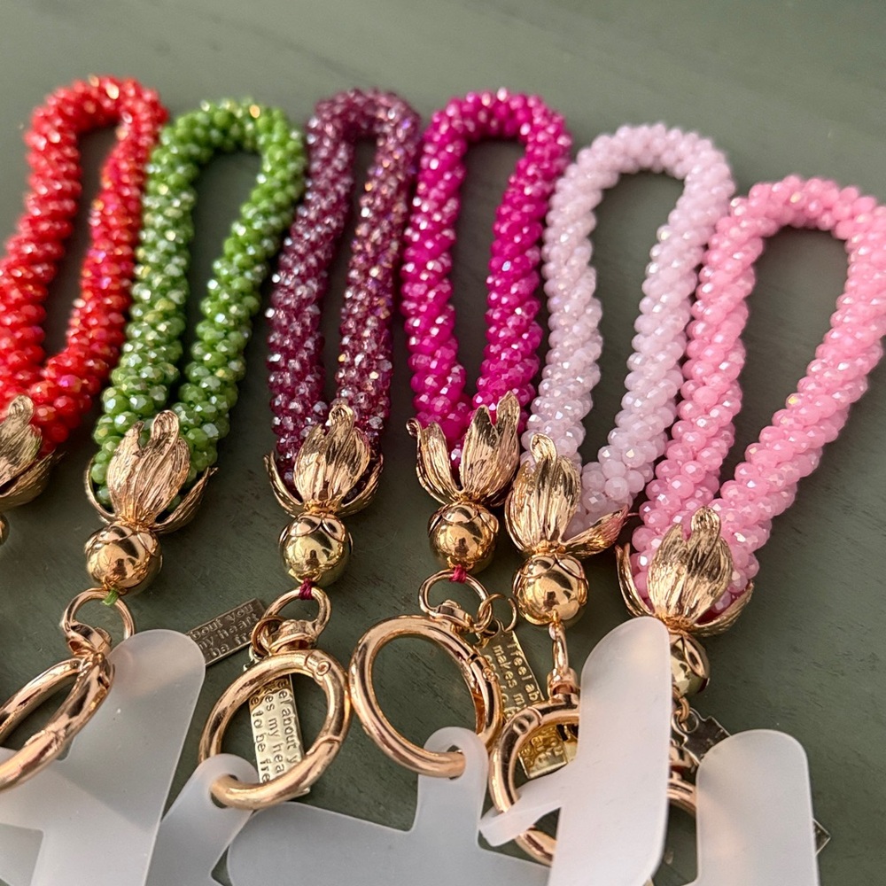 Pink Beaded Crystal Keychain Phone charm with Gold Charm